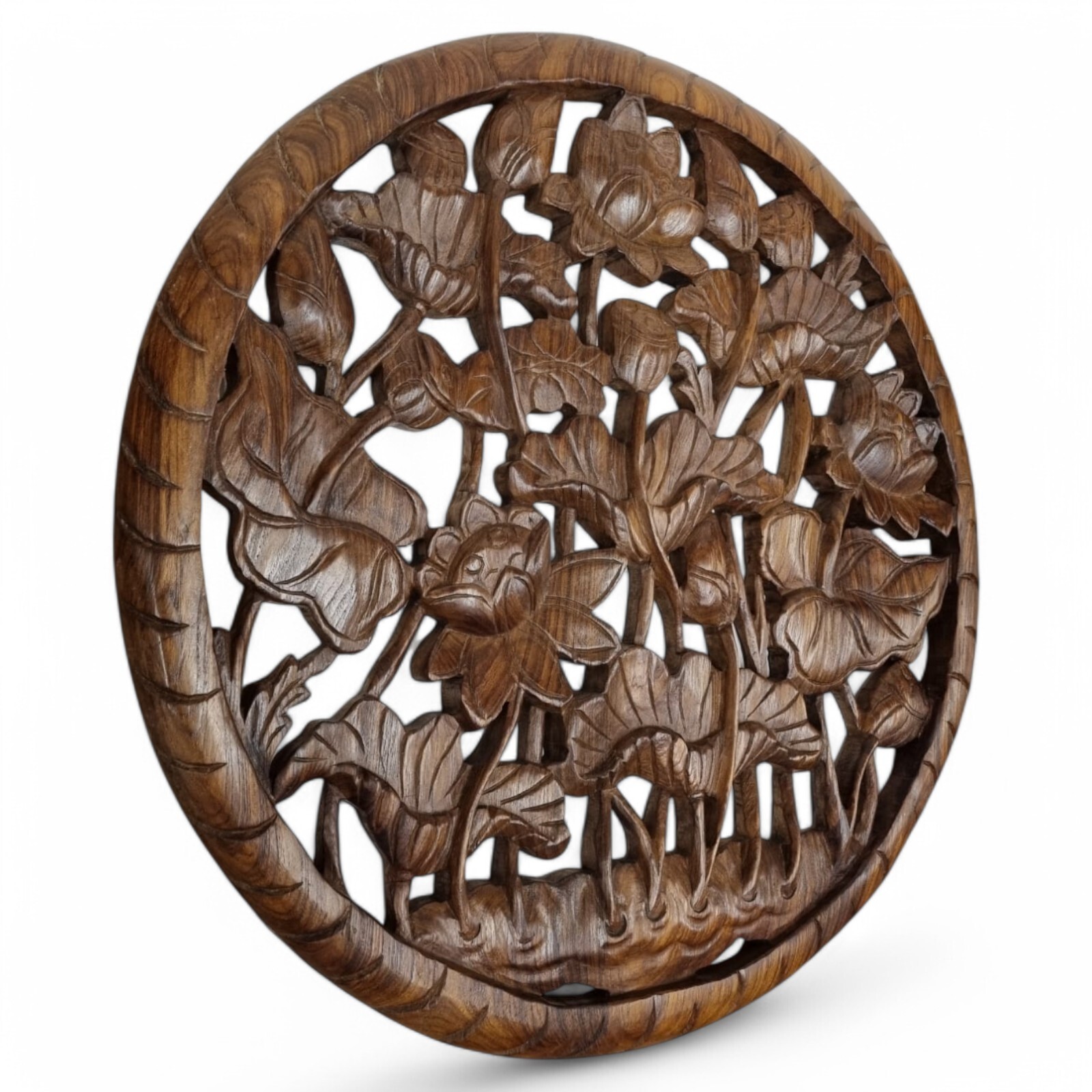 Suar Wood Carving Lotus Wall Picture Carved Wall Sculpture Acacia Solid Wood