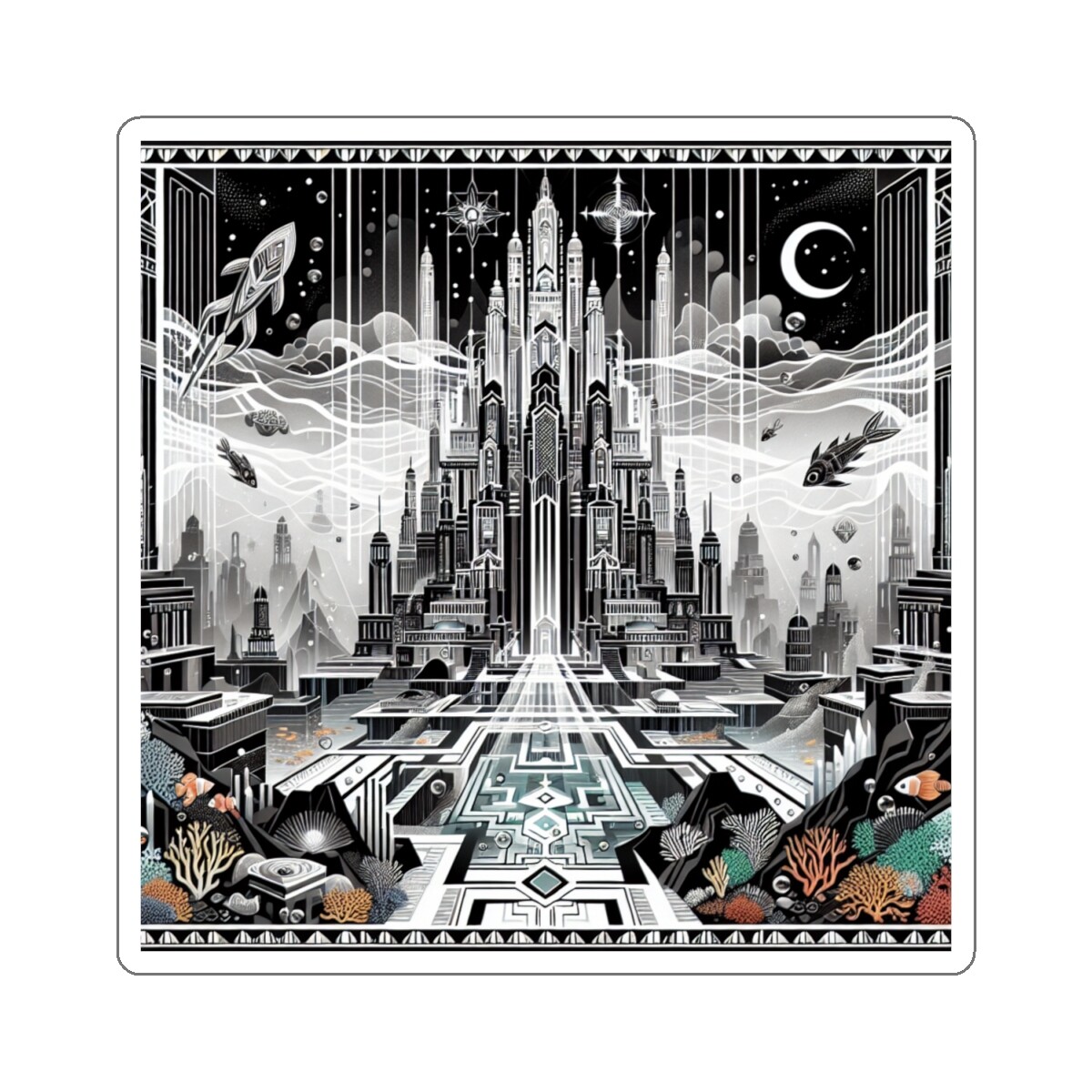Sticker Art Deco Atlantis Underwater City Ancient Civilization 2×2 3×3 4×4 6×6