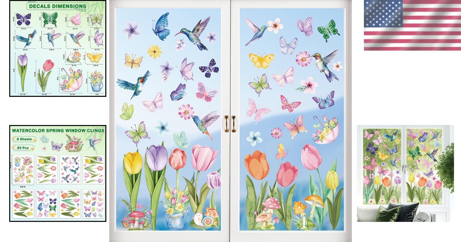 Spring Window Cling Sticker – 83PCS Tulip Butterfly Flower Hummingbirds Windo…