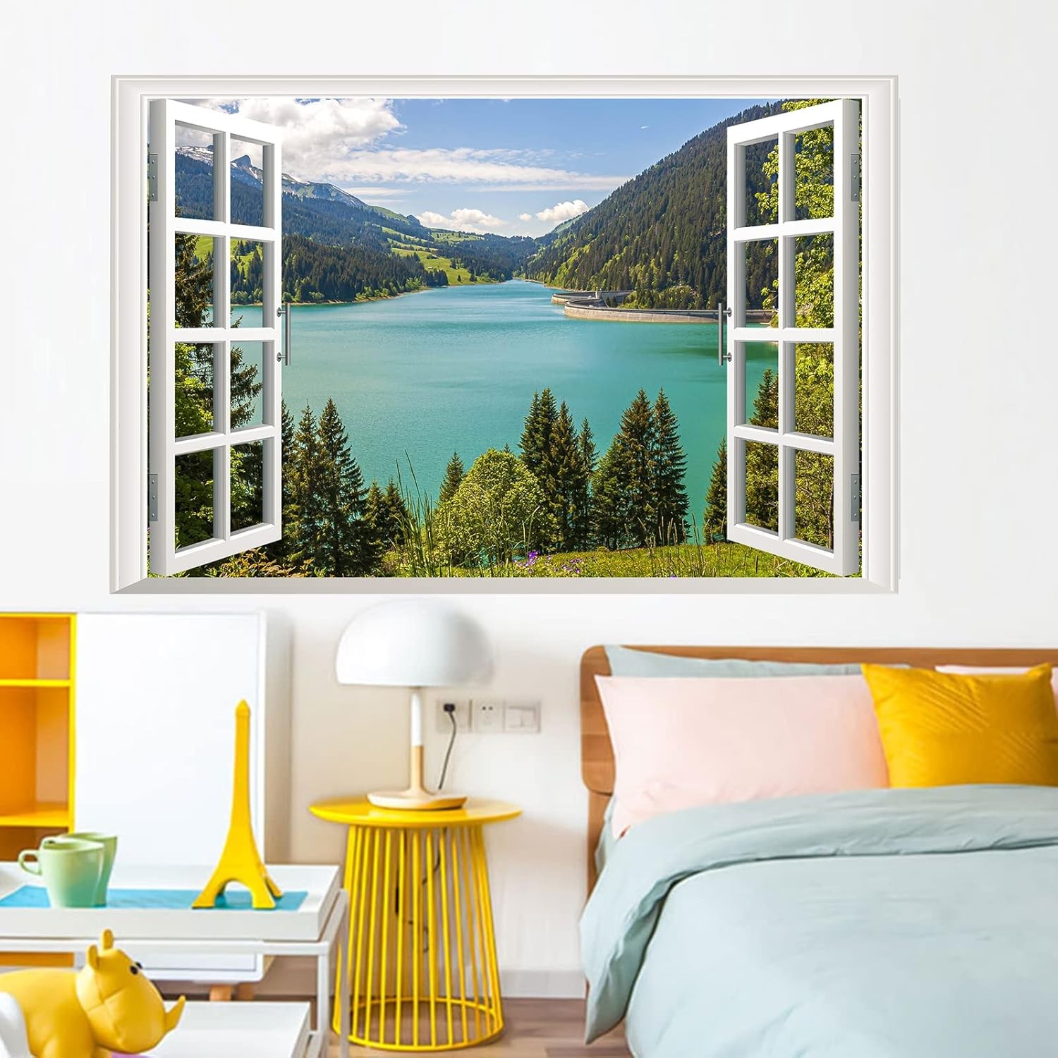 3D Lake View Fake Window Wall Stickers, Nature Mountain Forest Lake Mural, Wall