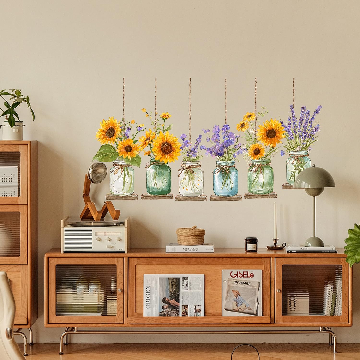 Sunflower & Lavender Hanging Mason Jar Wall Stickers – 35”x12” Floral Decals …