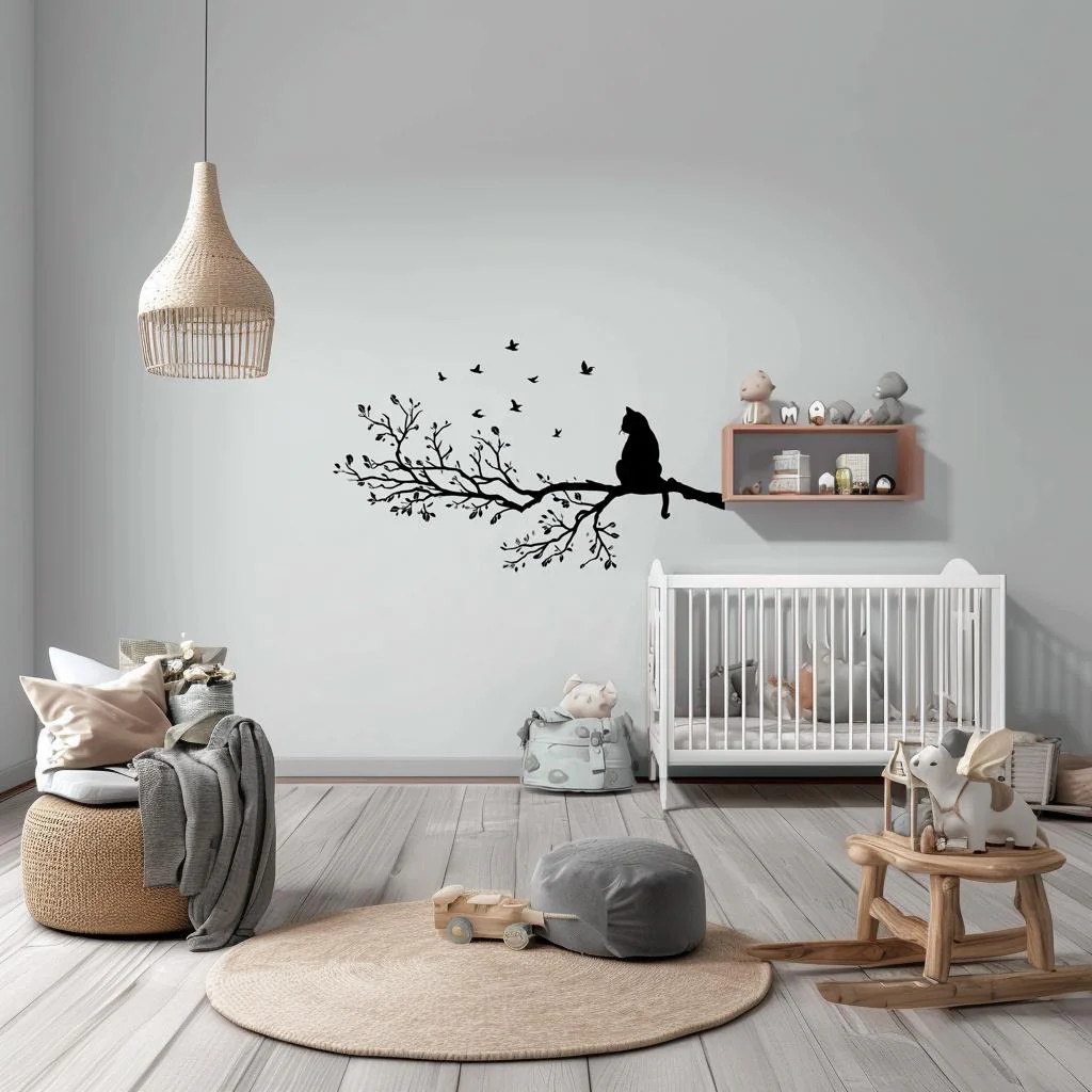 Cat on Tree Branch Wall Decal | Vinyl Cat and Birds Sticker