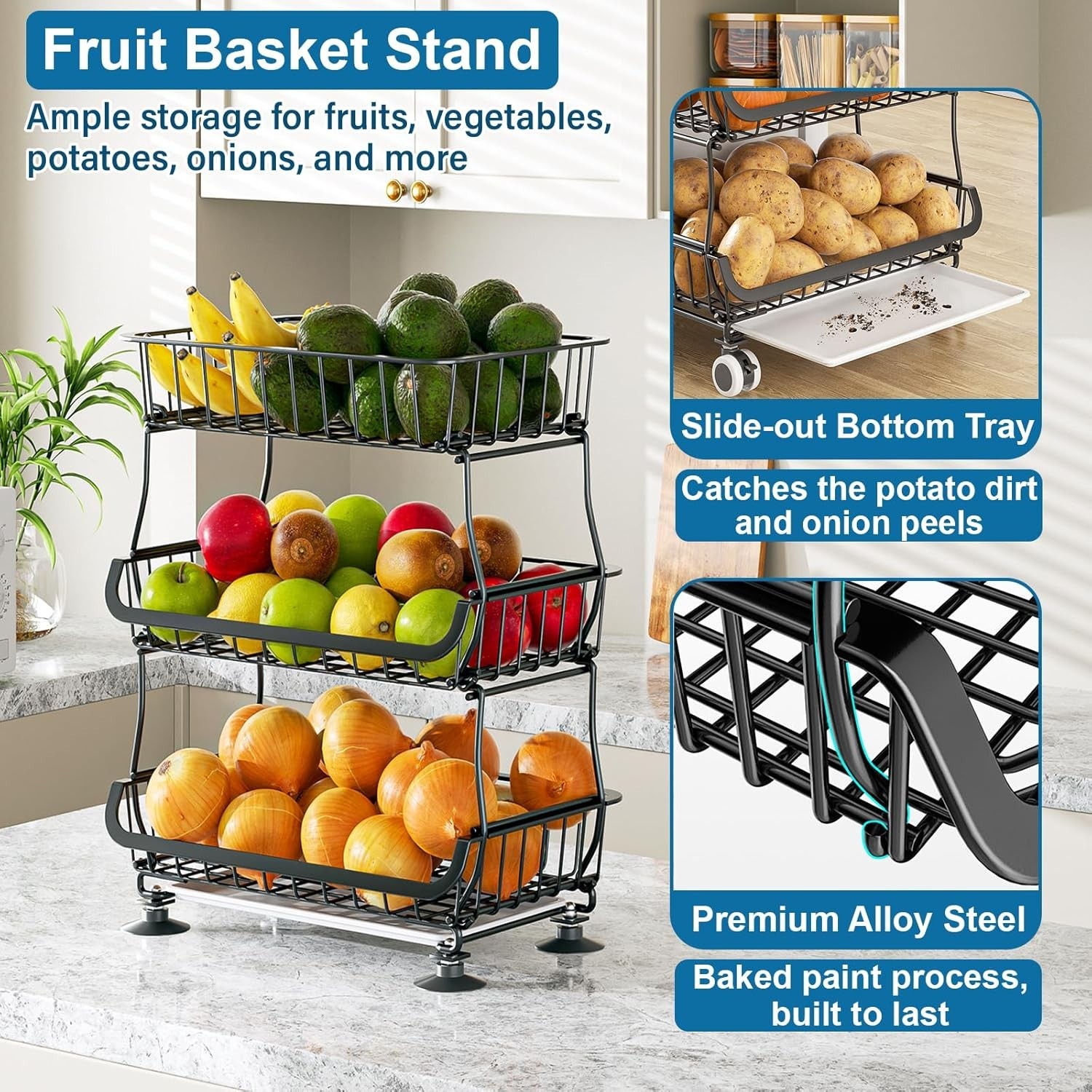 Pantry Storage Cart Fruit Basket Stand 3 Tier Stackable Wire Basket Organizer