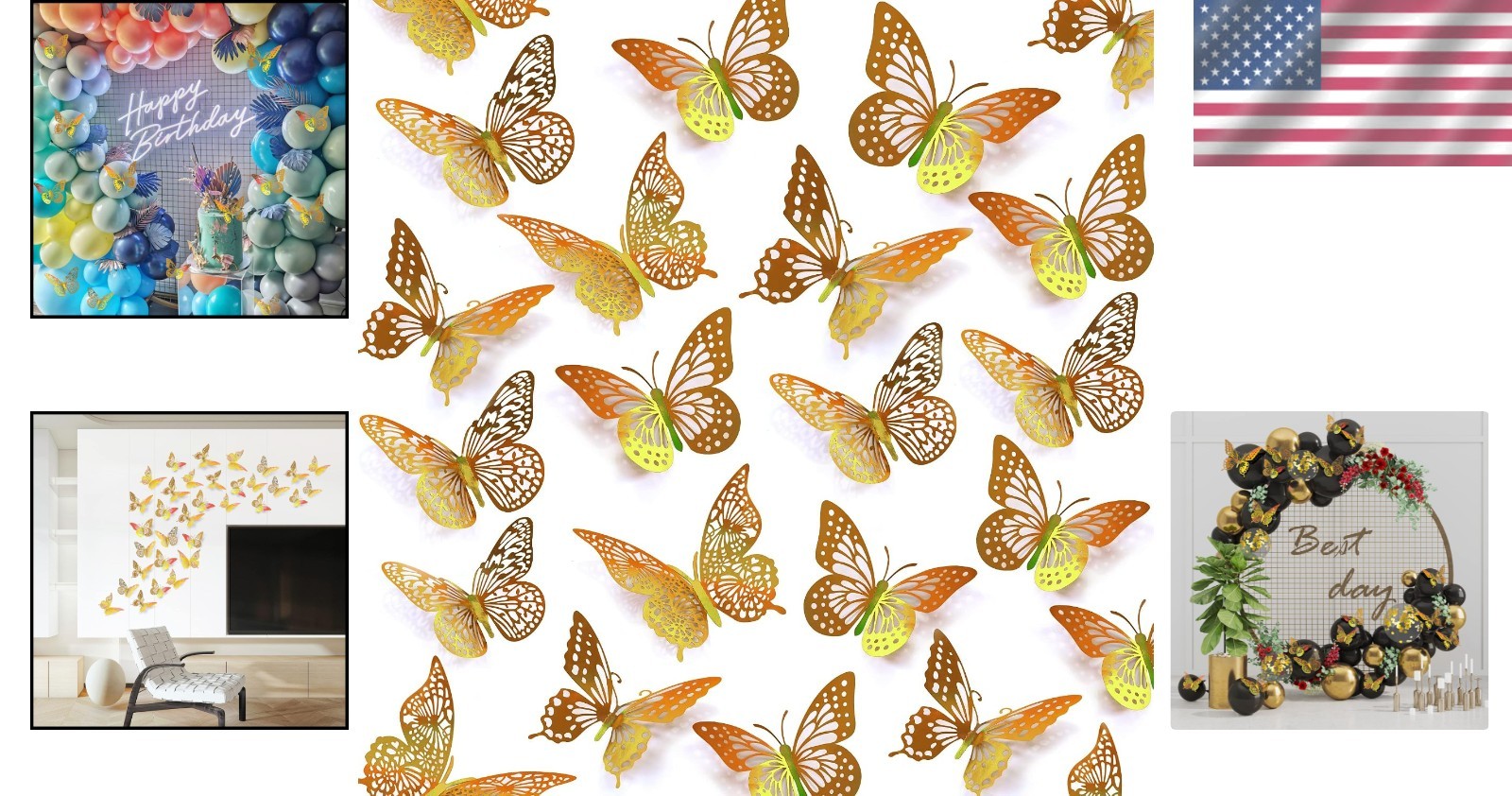 Elegant Butterfly Decals – 48 Removable Gold Wall Decorations in Various Styles