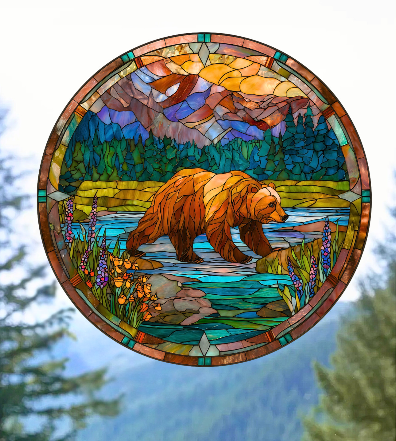 Bear Faux Stained-Glass WINDOW CLING Sun-catcher Size 8"