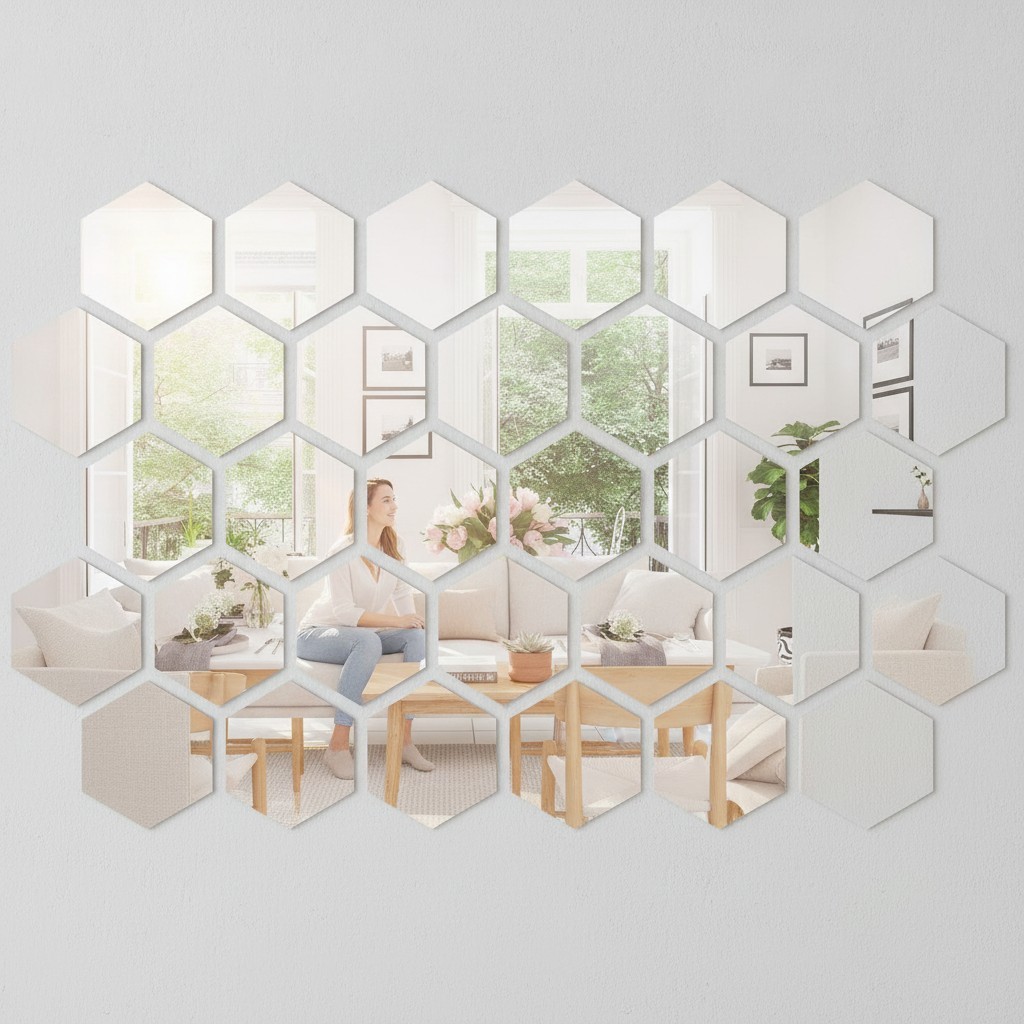 Elegant Hexagonal Mirror Wall Decals – 32 Pcs Modern Home Art Stickers 10×8.6cm