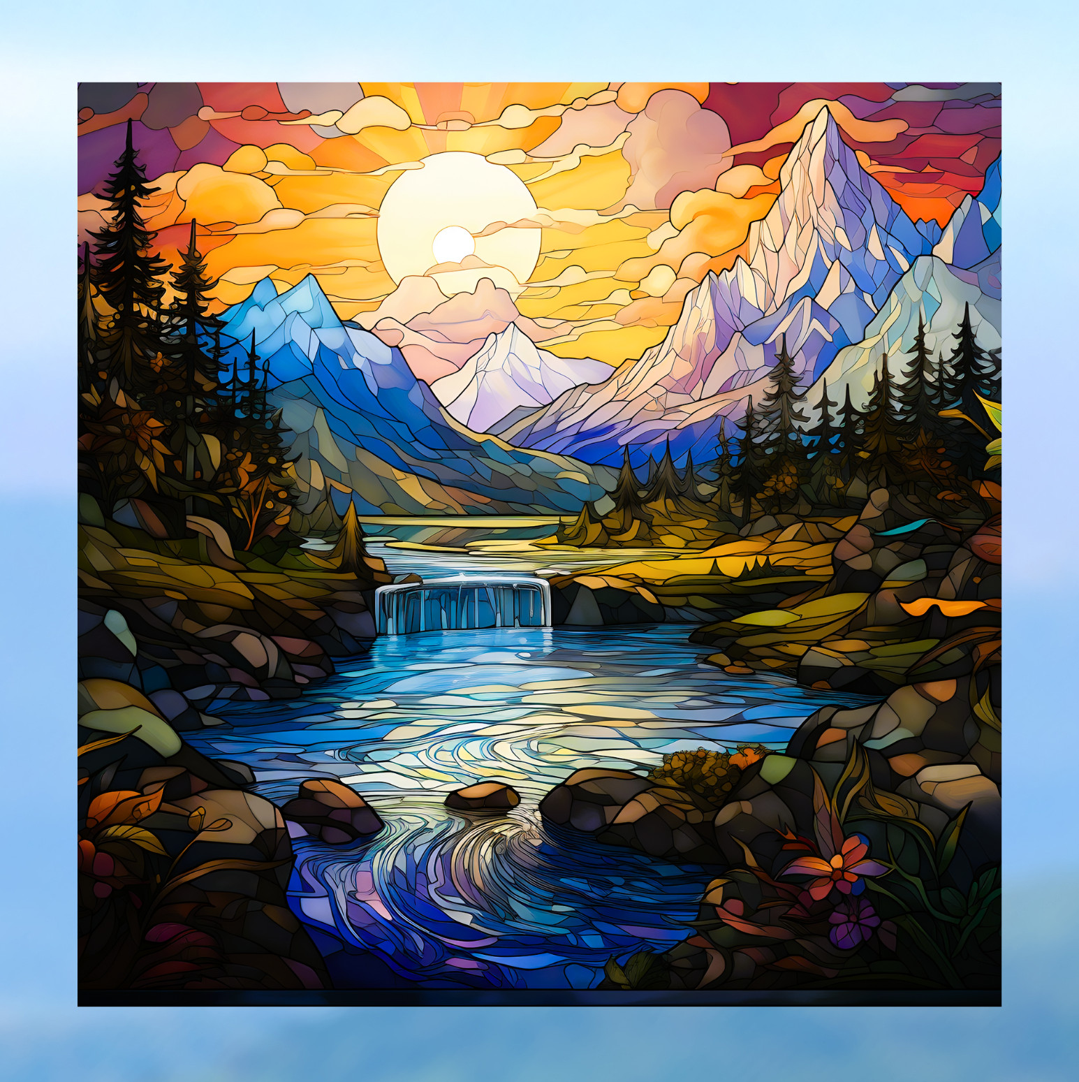 River & Mountains at Sunset Faux Stained-Glass WINDOW CLING Size 8" Square Vinyl