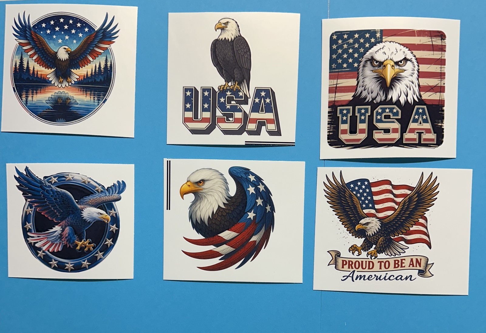 6pc Patriotic Bald Eagle USA Sticker Pack American Flag Vinyl Decals