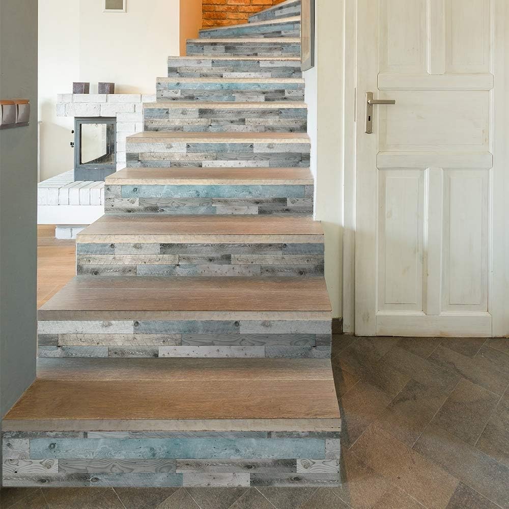 funlife 14 Strips Peel and Stick Stair Risers 14 Strips, Fresh Blue Wood