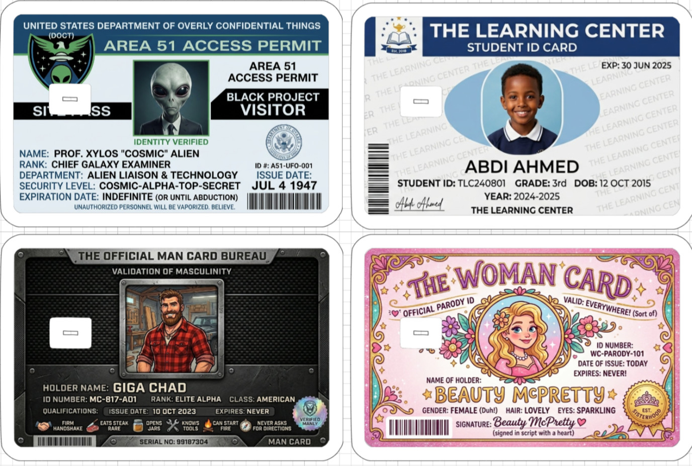 Funny ID Credit Debit ATM Gift Card Skin Sticker Learing Man Woman Alien Parody