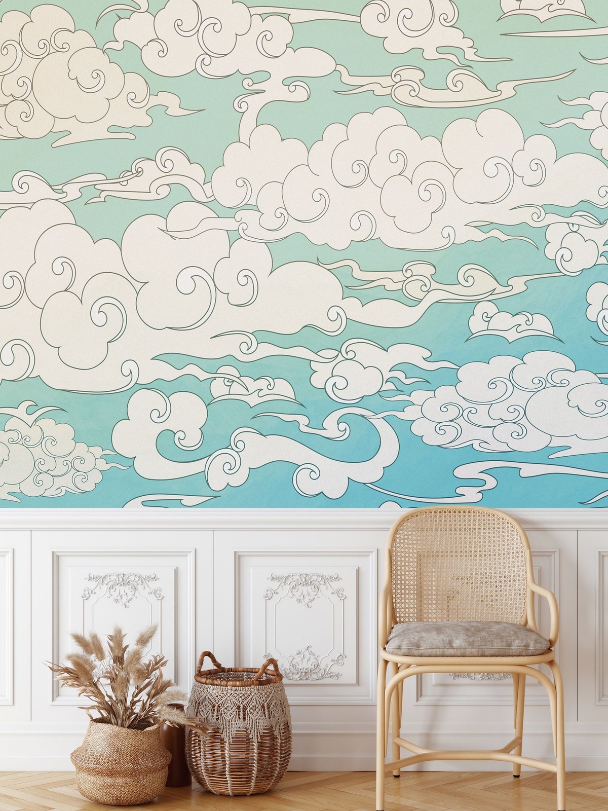 Japanese Traditional Curly Cloud in Sky Abstract Illustration Asian Decor Wall M
