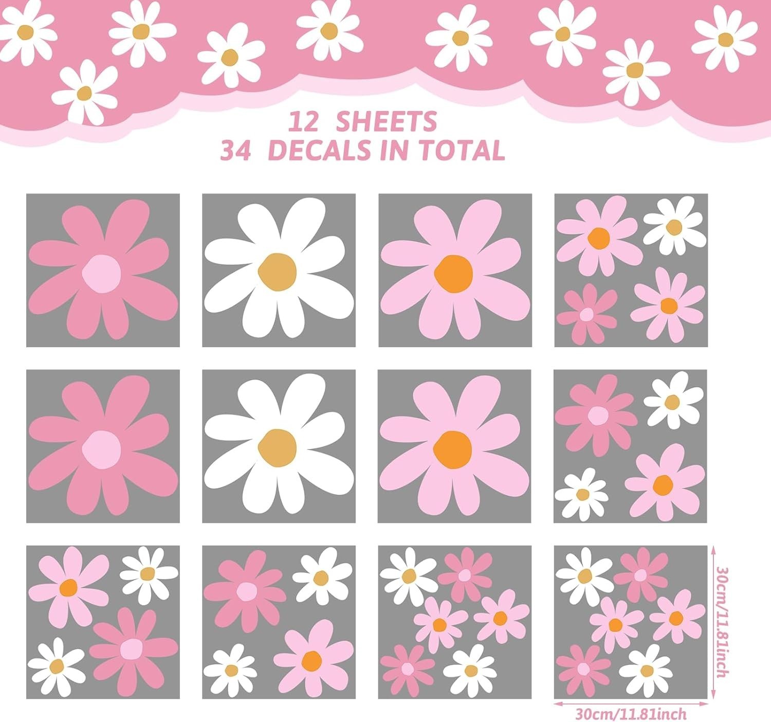12 Sheet Daisy Wall Sticker Decal Removable Cute Daisy Bedroom Room Decor Flo…