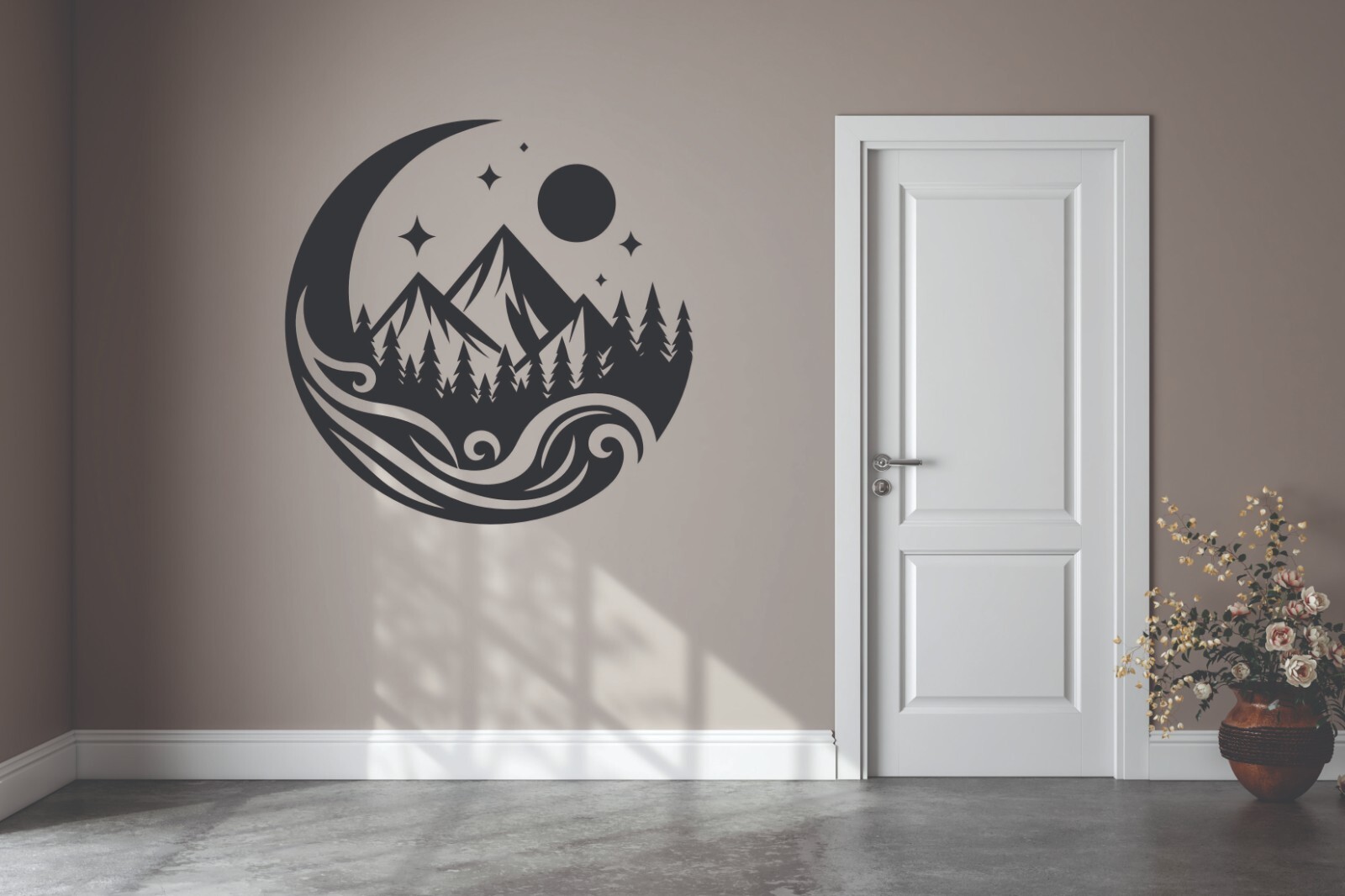 Die Cut Vinyl Decal Transfer Graphic Mountains, Trees, Stars & Moon 35+ Colors