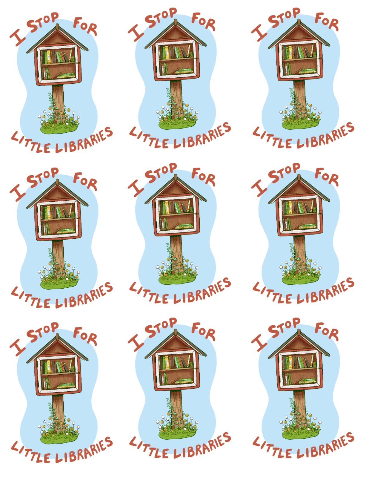STICKER – "I Stop for Little Libraries" glossy sticker, 4 inches, original art!