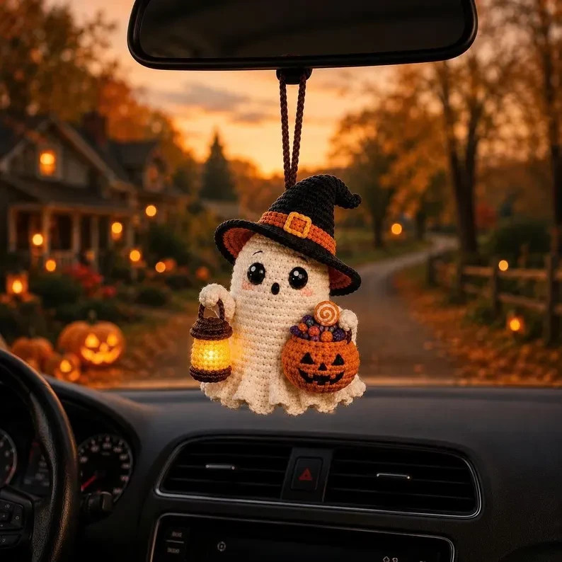 Halloween Crochet Ghost Car Charm Handmade Rearview Mirror Hanging Gift
