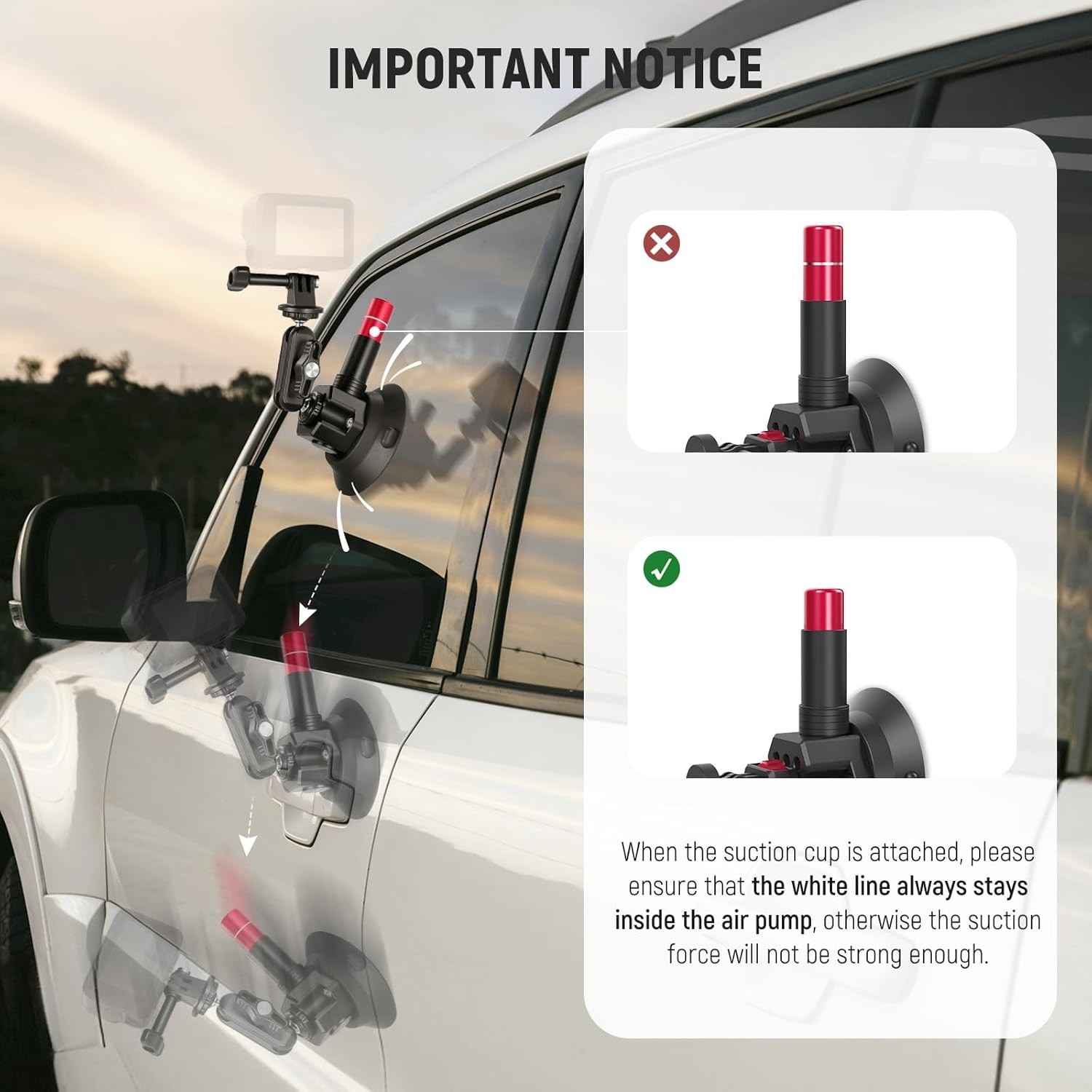 Triple Suction Cup Car Mount Kit with 2-in-1 Selfie Stick & Adjustable Pole for