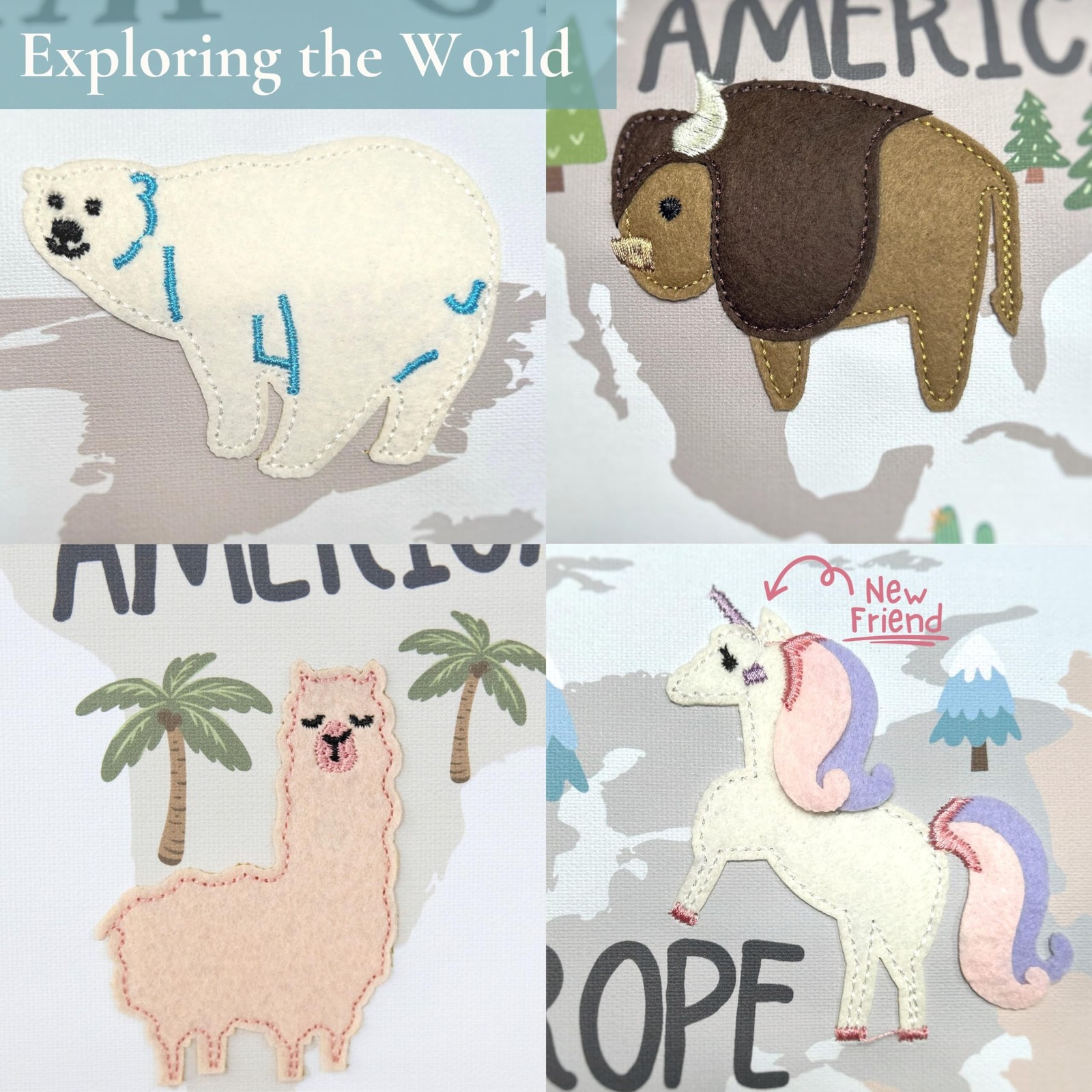 32 x 24 Inch Embroidered World Map Poster for Kids with Wood Hanger – Neut