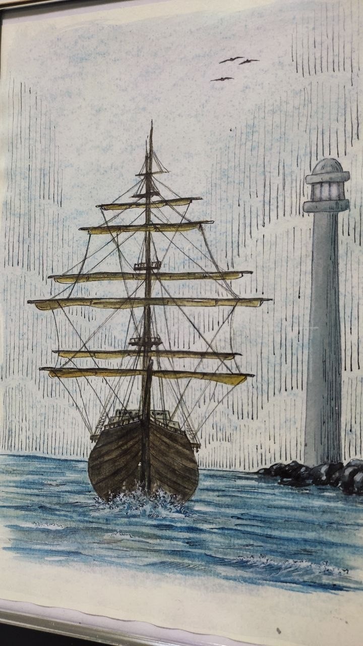 Original Watercolor Painting Ship Lighthouse Framed Nautical Wall Art Handpaint