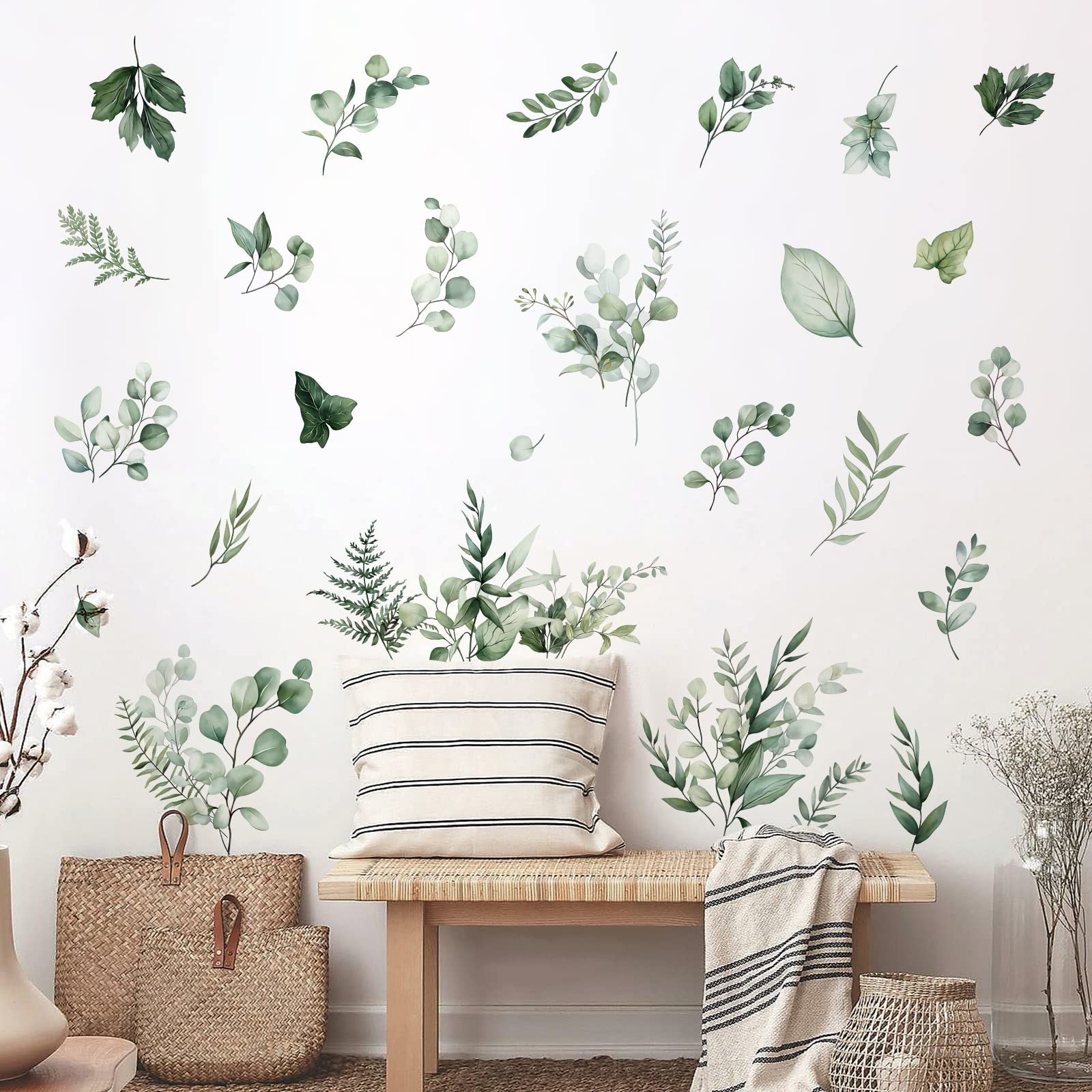decalmile Botanical Green Leaves Wall Stickers Eucalyptus Leaf Plants Wall Art D