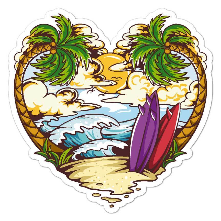 Surf Beach Palm Trees, Vinyl Decal Sticker, Indoor Outdoor, 3 Sizes, #7929