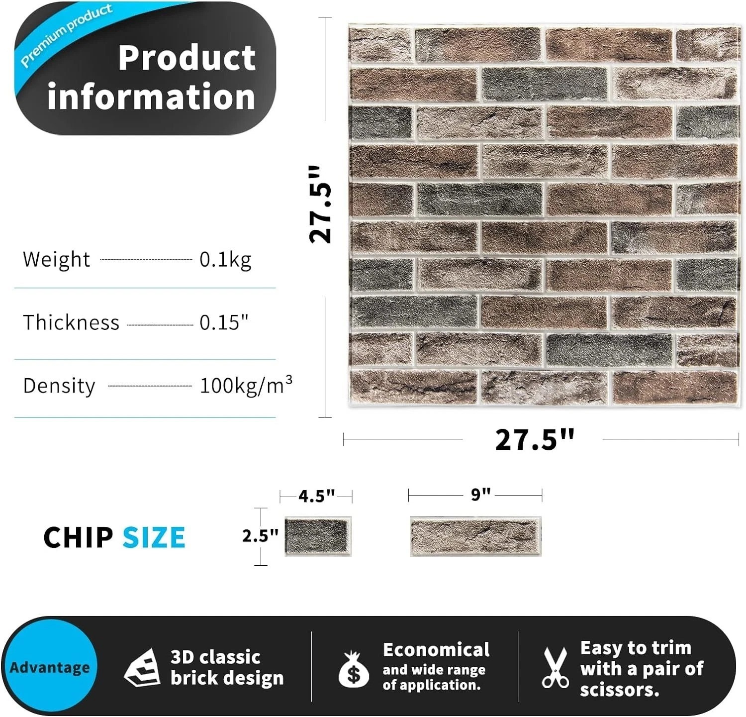 Self-Adhesive 3D Wall Panels – 20-Pack Gray Brown Faux Brick for Modern Decor
