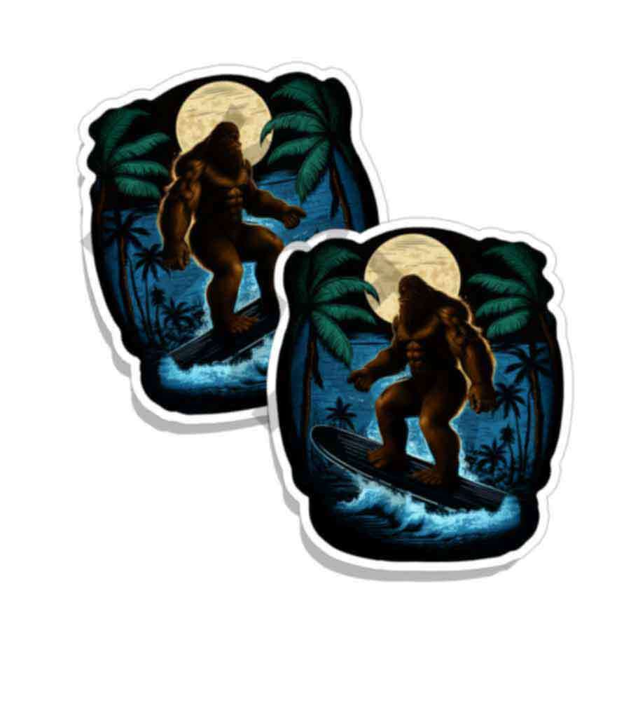 Bigfoot SURFING Decals Sasquatch Stickers Set of 2 Vinyl Stickers M37004