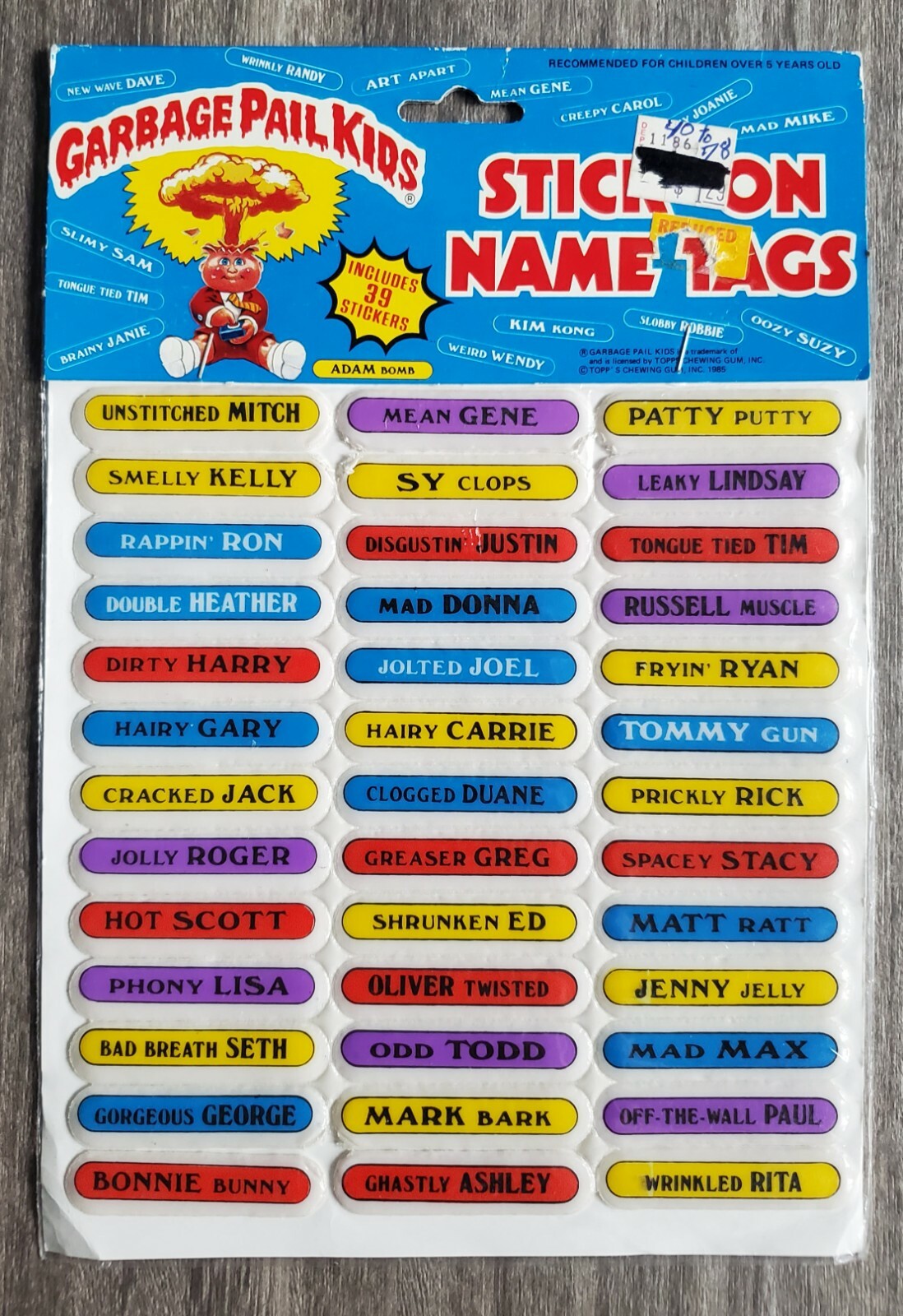 Vintage Garbage Pail Kids Stick On Name Tags Sticker Set NEW Unused Art GPK 1986