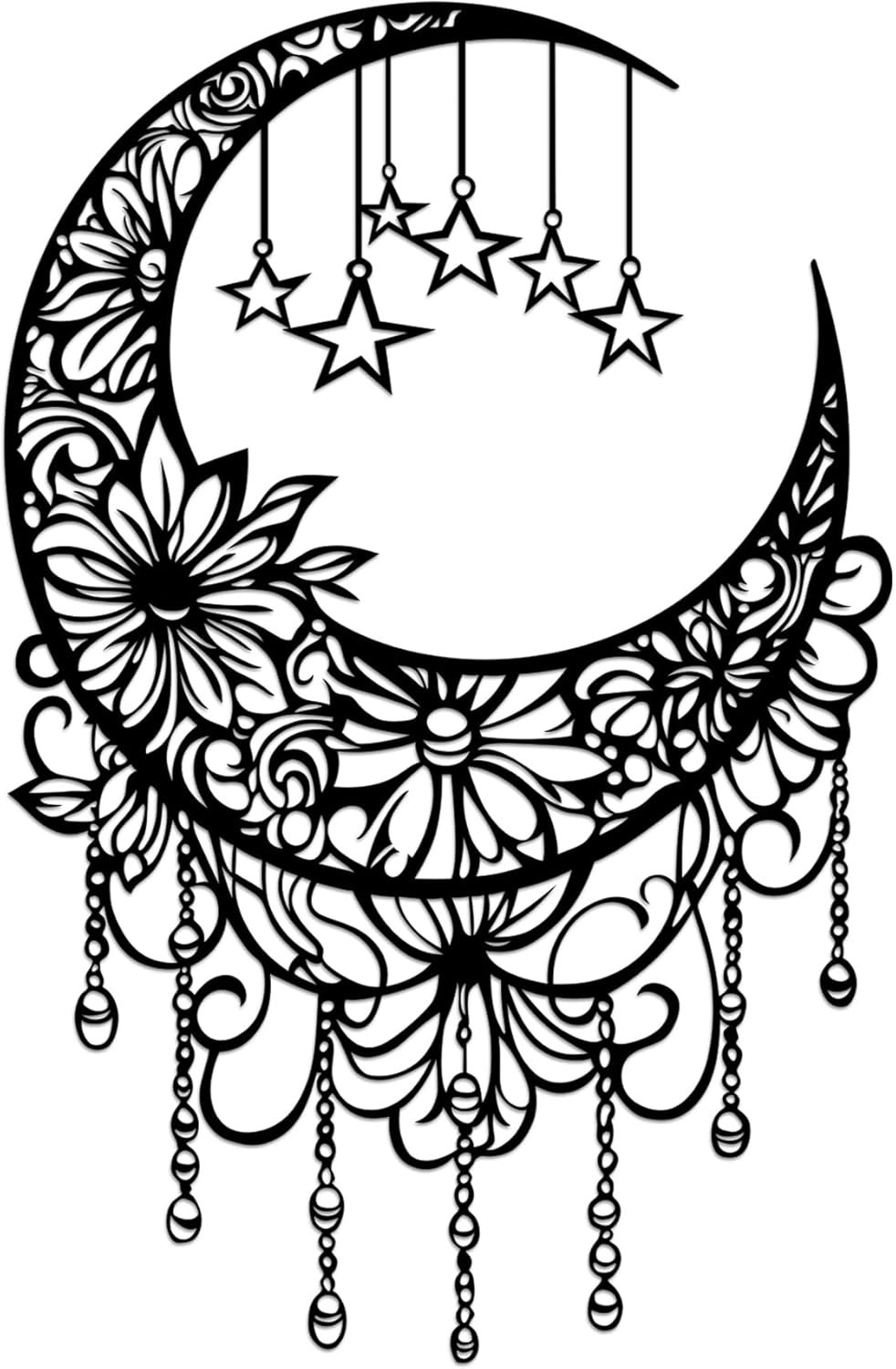 Black Metal Moon Wall Decor Boho Moon Phase Wall Art with Hanging Stars Flora…
