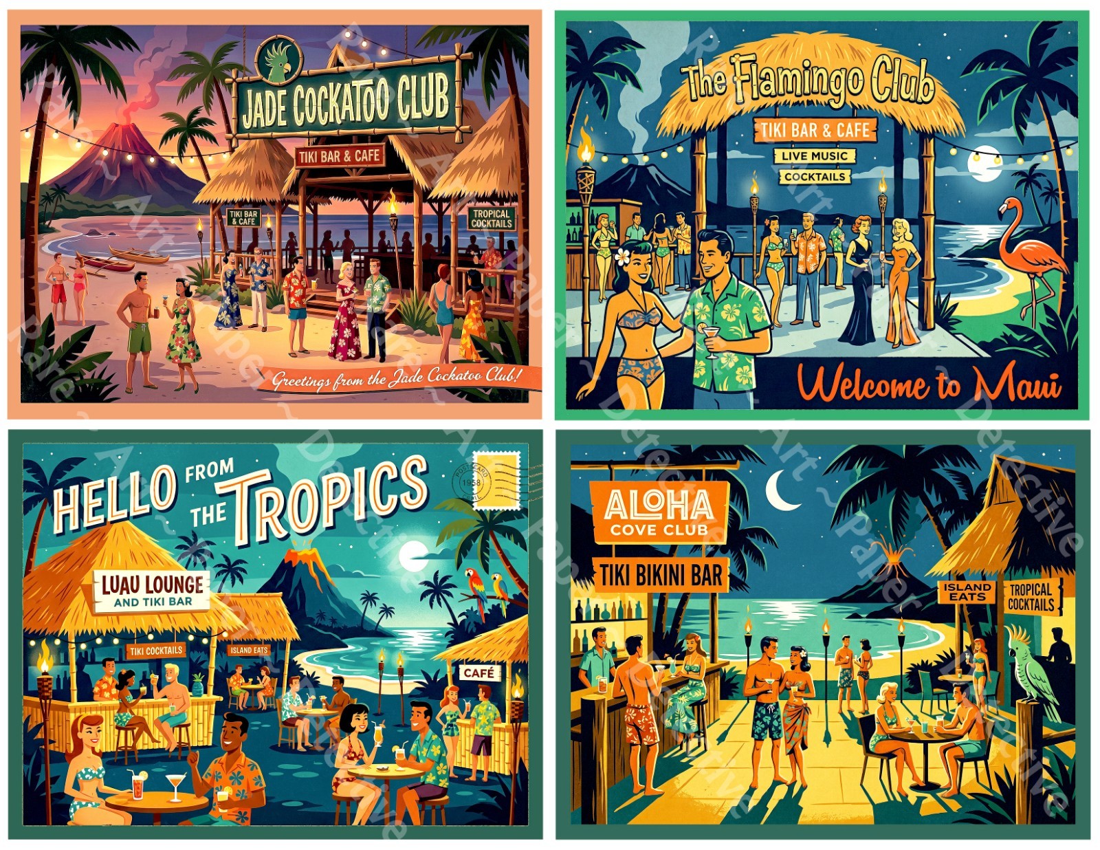 Hawaii Tropical Tiki Bar Stickers, Mid-Century Modern, 4 Labels on 1 Sheet, 1539