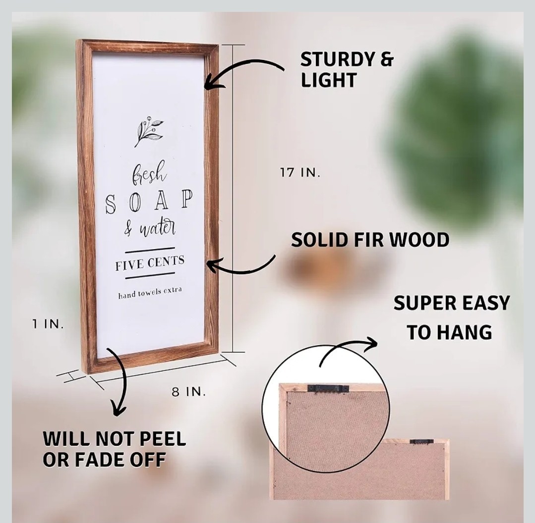 House Bathroom Decor – Modern Rustic Wall Art 8 x 17" – Fresh Soap and Water