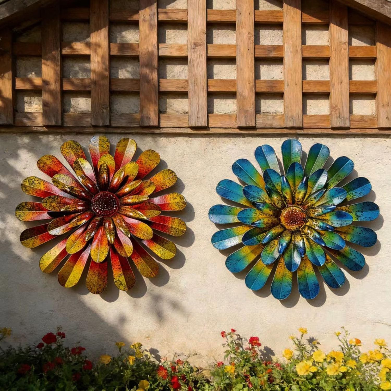 Elegant 2 Pack 12-Inch Hand-Painted Metal Flower Wall Art – Indoor & Outdoor