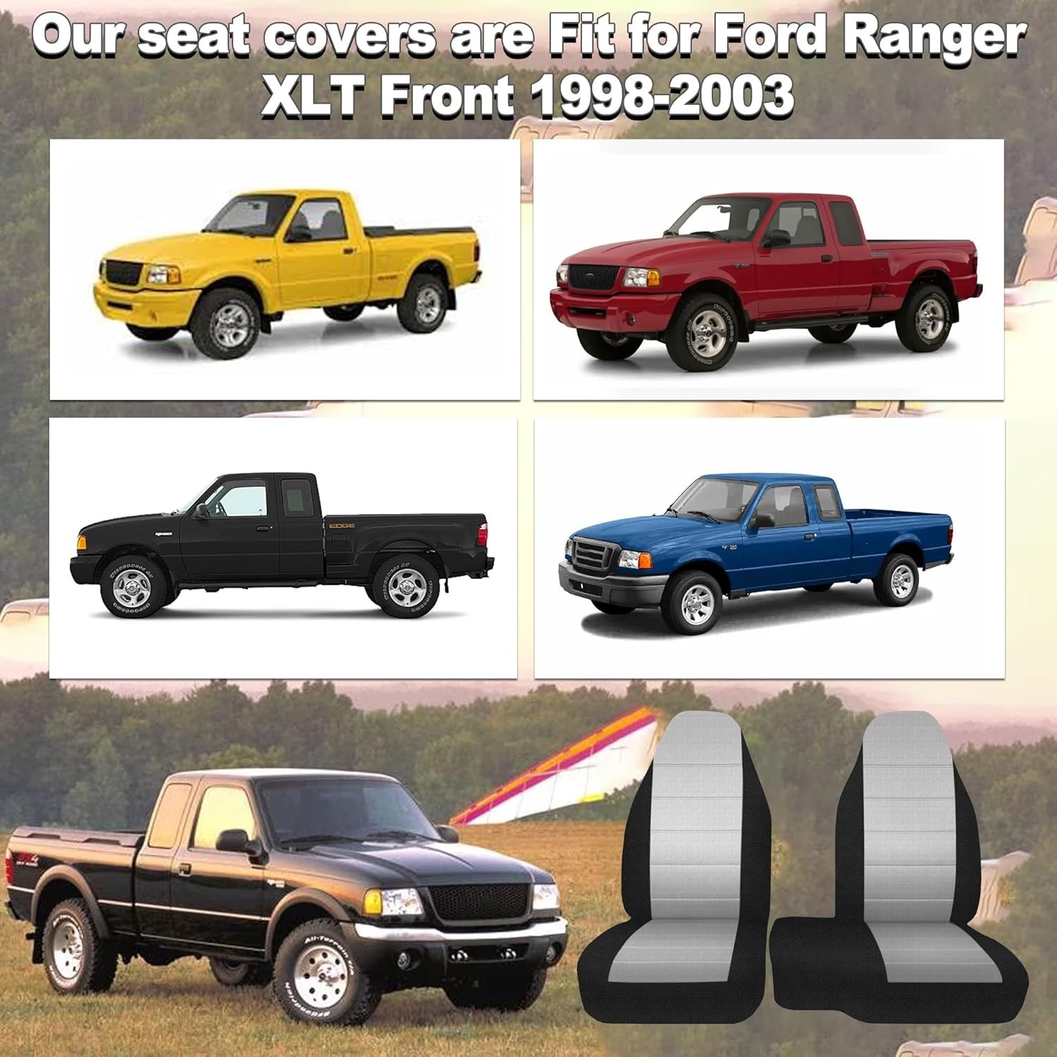 2Pcs 60/40 Cloth High Back Bench Seat Cover Fit for Ford Ranger XLT Front 199…