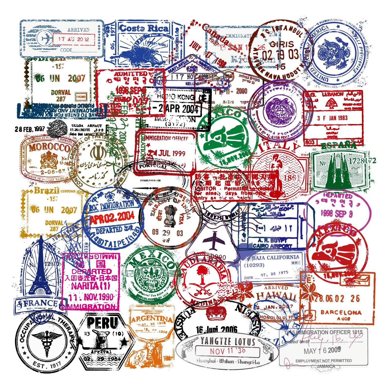 10 Random Retro Customs Stamp Stickers World Travel Tourist Decals Free Shipping