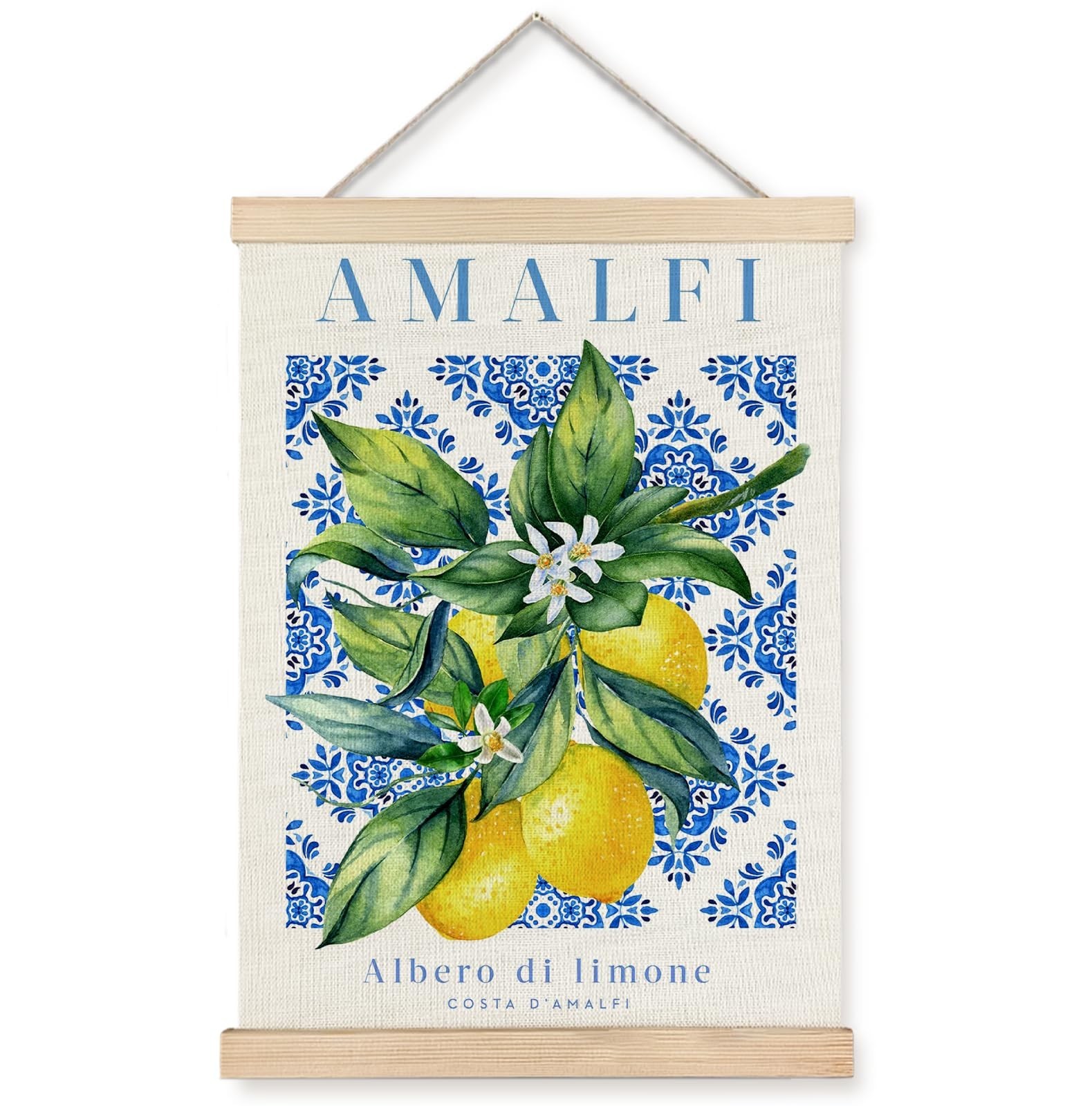 Yomisex Italian Amalfi Coast Lemon Wall Art Poster, Blue and White Floral Med…