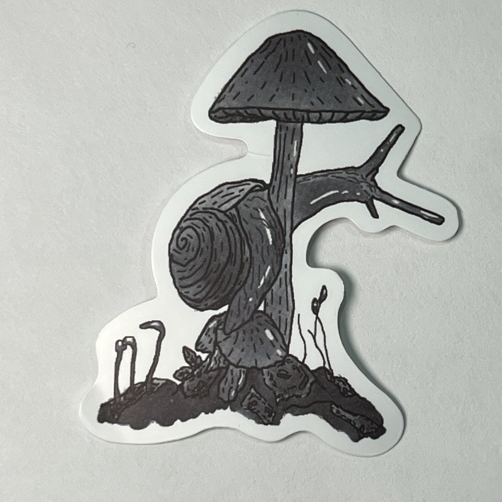 Snail Climbing a Mushroom – Black & White Vinyl Sticker Bomb Decal Hippie Earth