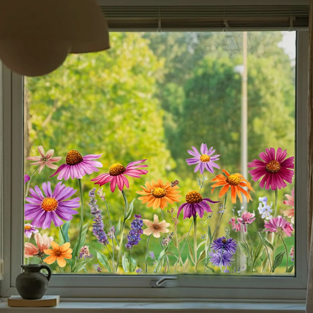 Floral Butterfly Theme Static Cling Window Sticker 11.81×23.62in Purple PVC