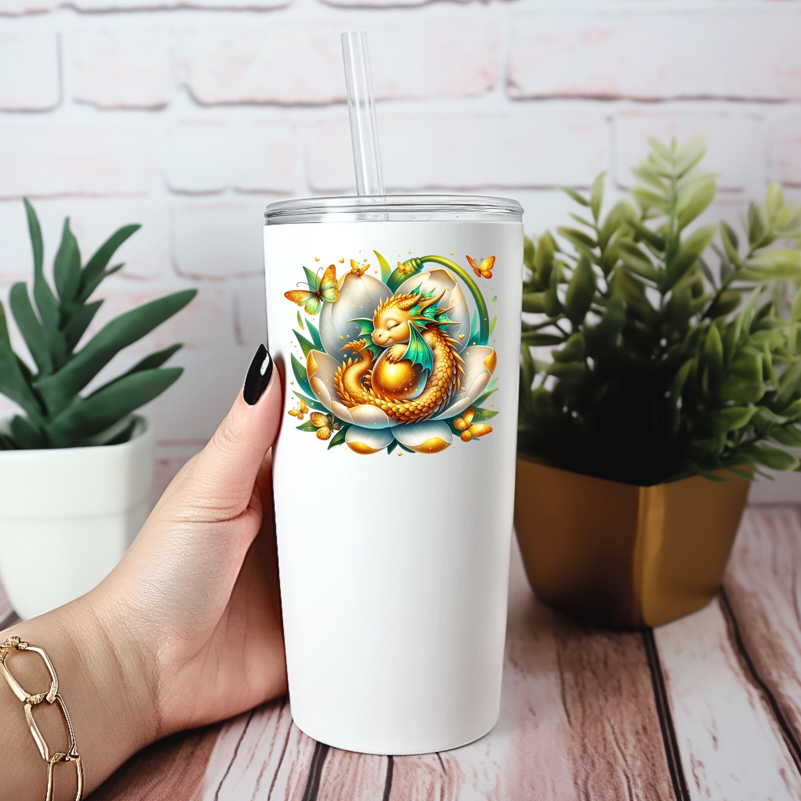 Gold Dragon Sleeping on White Flower UV DTF Transparent Sticker / Decal
