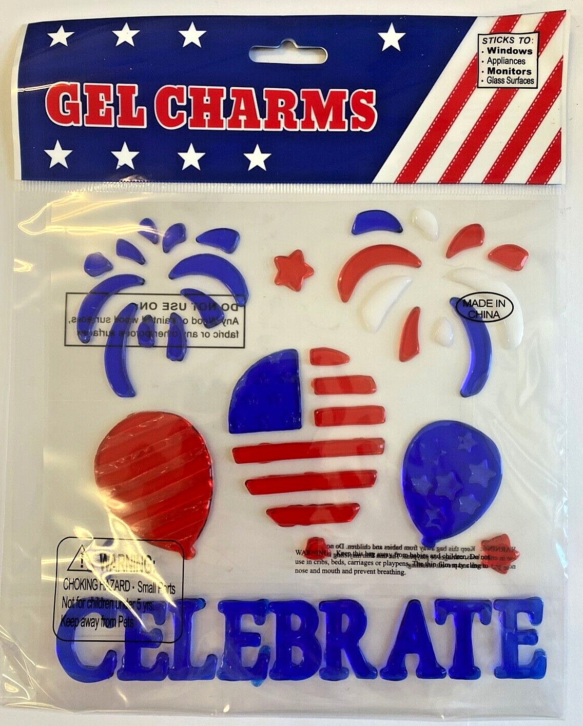 Patriotic Window Gel Clings red white blue fireworks balloons 4th of July decor