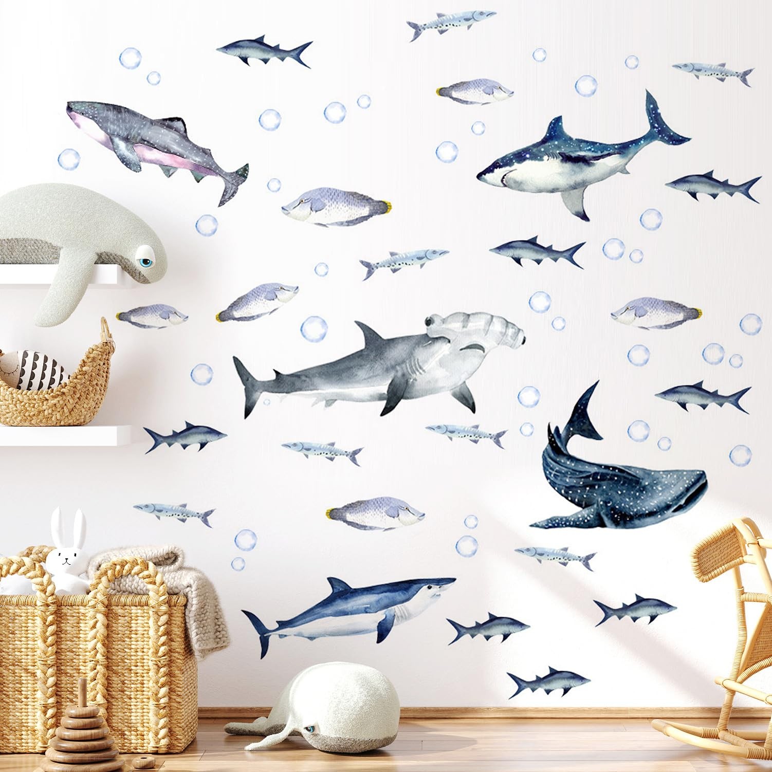 Buiory Sharks Wall Stickers Watercolor Decals Peel and Stick E