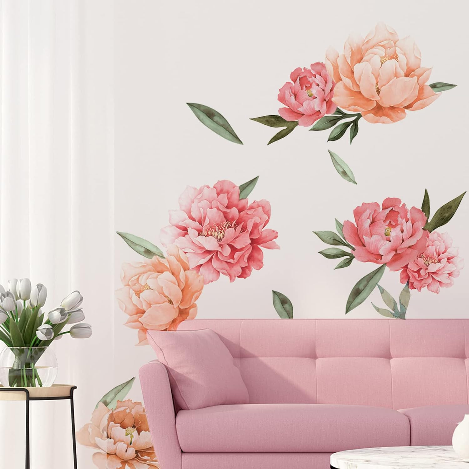 Peony Flowers Wall Decals, Watercolor Elegant Peonies Rose Floral Wall