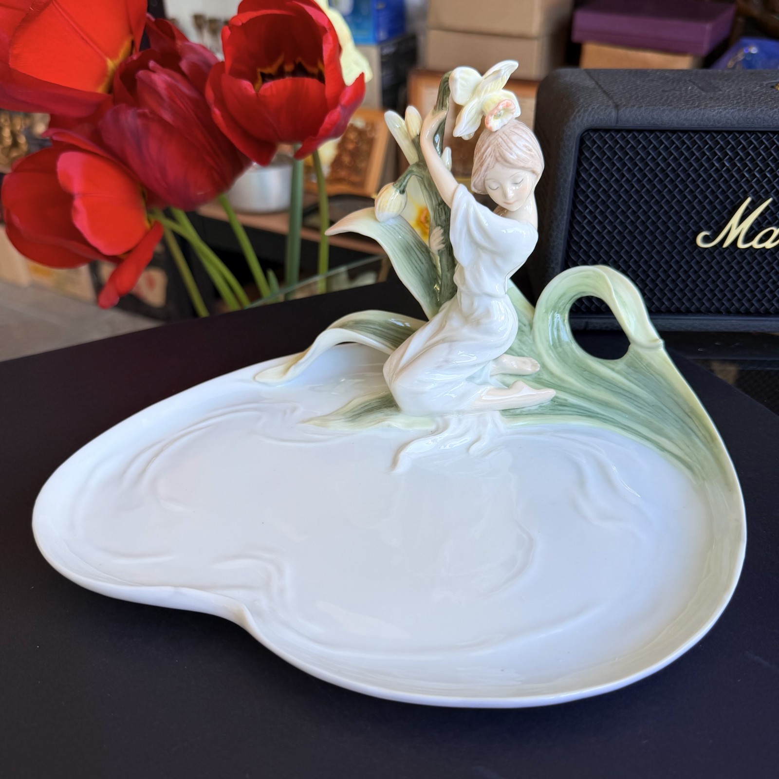 Elegant Porcelain Girl Daffodil Vanity Jewelry Trinket Tray Figurine Dish