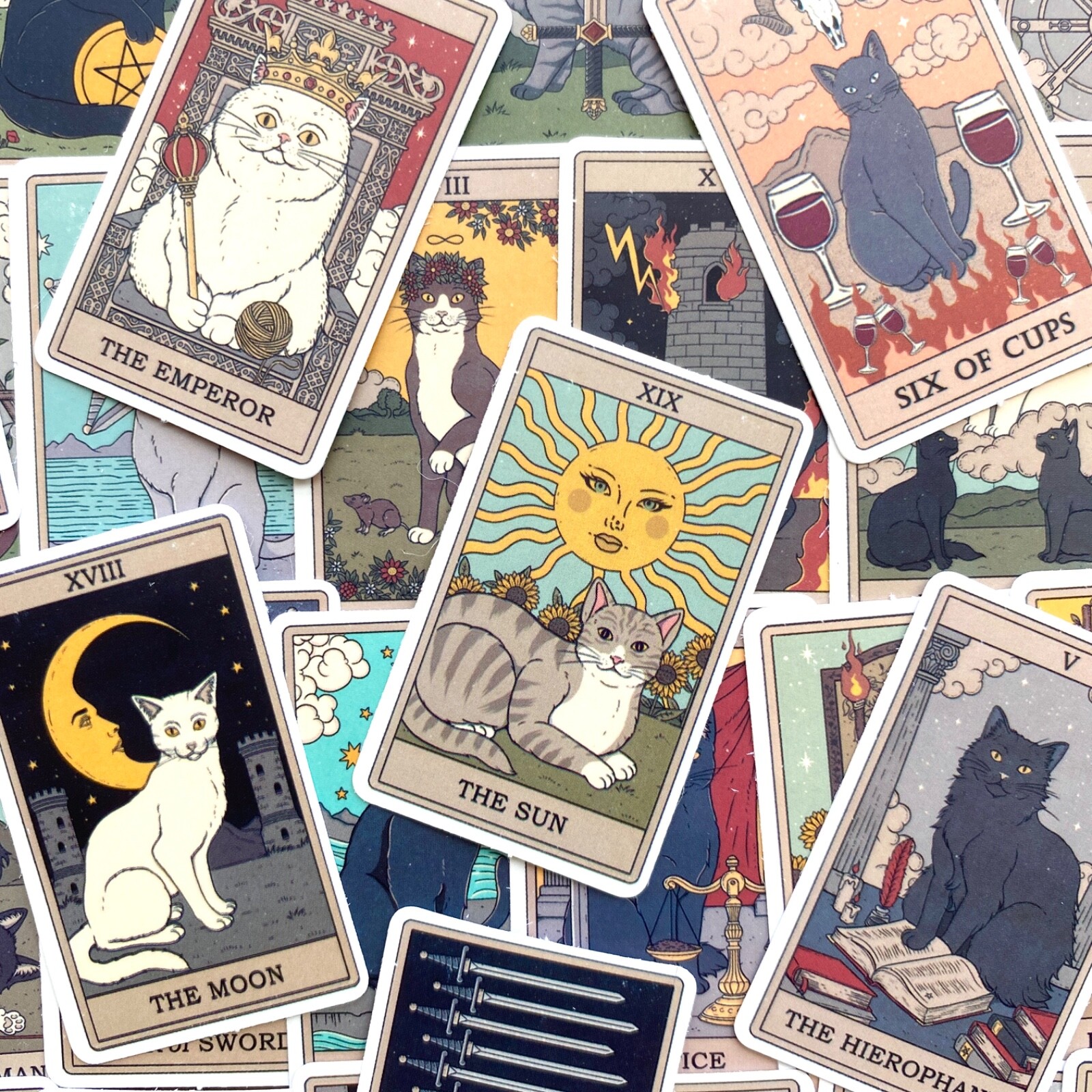 5-78 pcs Tarot Card Stickers, Retro Cat Zodiac Astrology Horoscope Laptop Decals