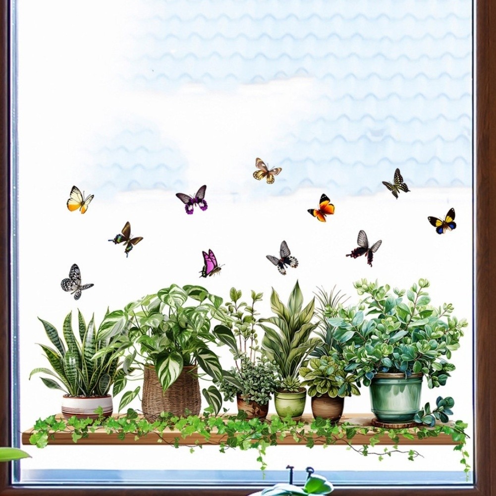 Glass Window Stickers with Realistic Green Leaves and Butterflies 60x50cm