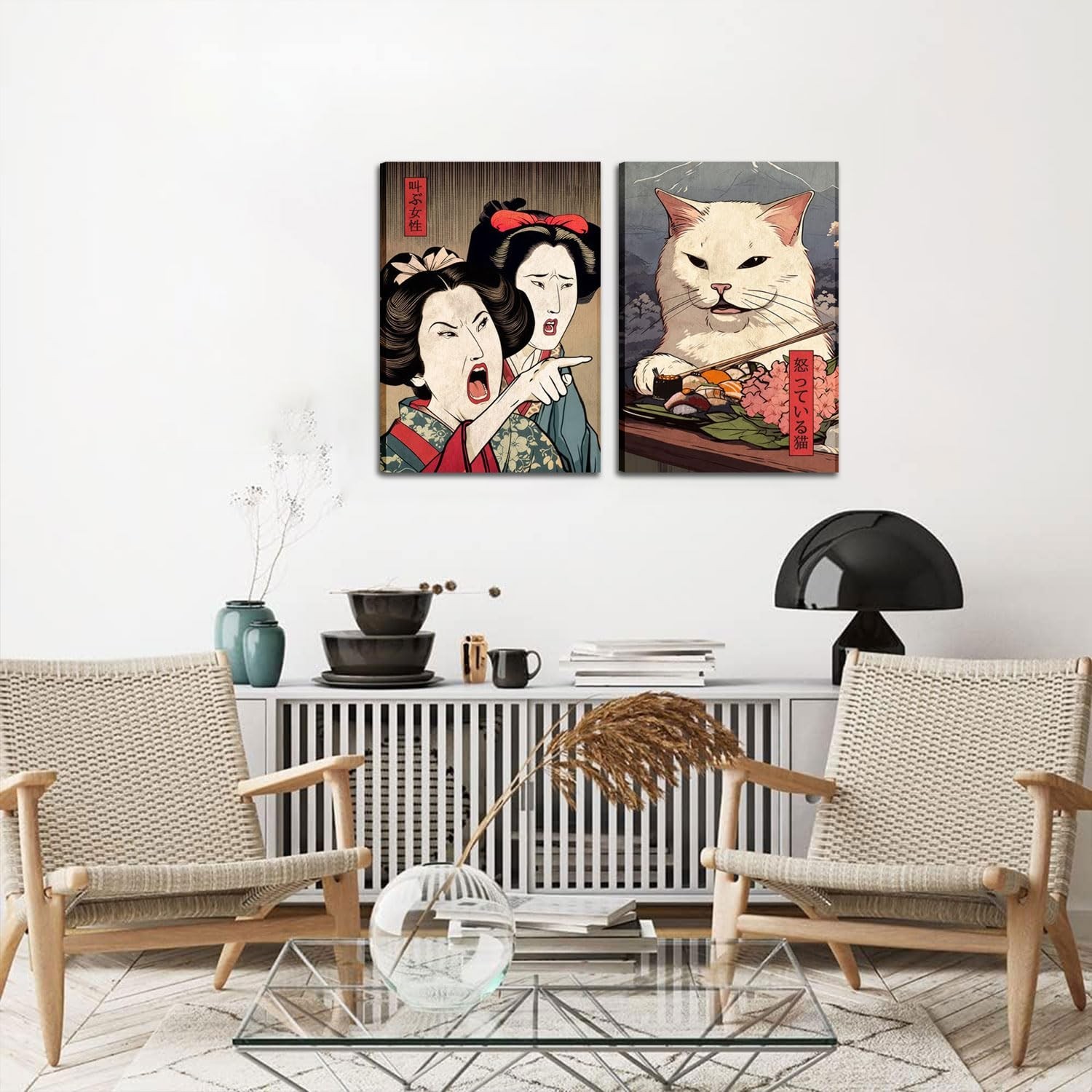 Funny Anime Posters Japanese Decor Set of 2 – Woman Yelling at Cat Canvas Wal…