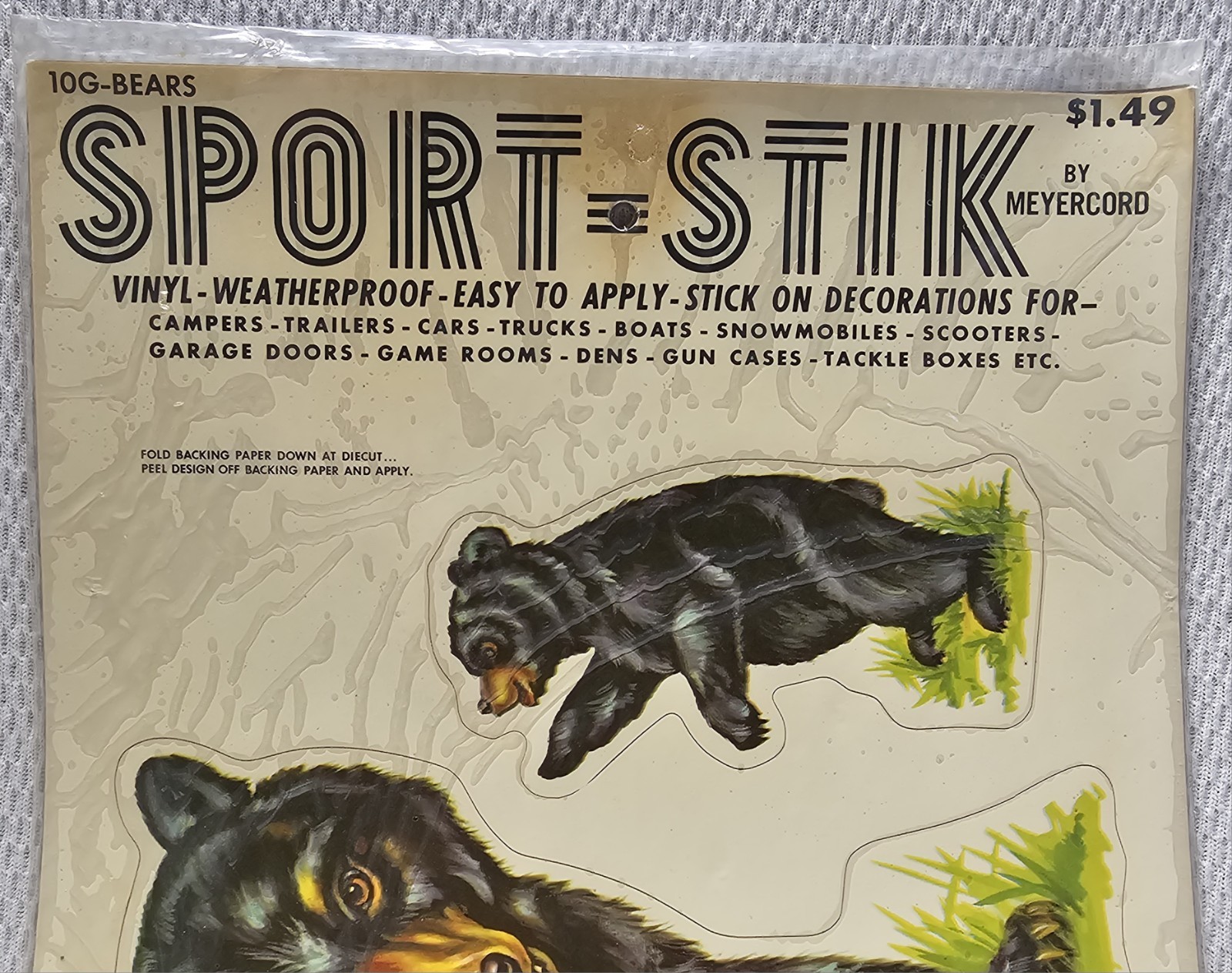 Sealed NOS Vintage Meyercord Sport-Stik Vinyl Decal Sheet 10-G Black Bear 9"×17"