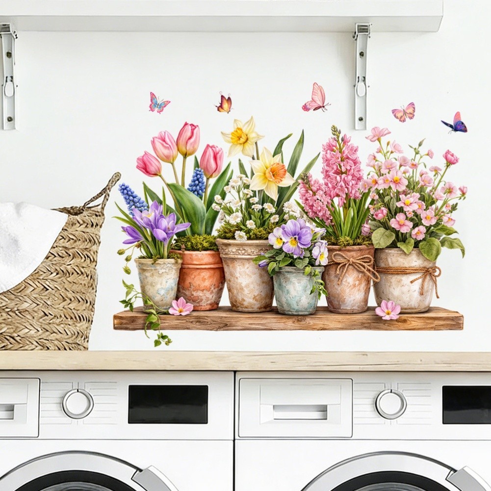 Living Room Wall Decor Tulip Floral Stickers 90x30cm Pink PVC Material