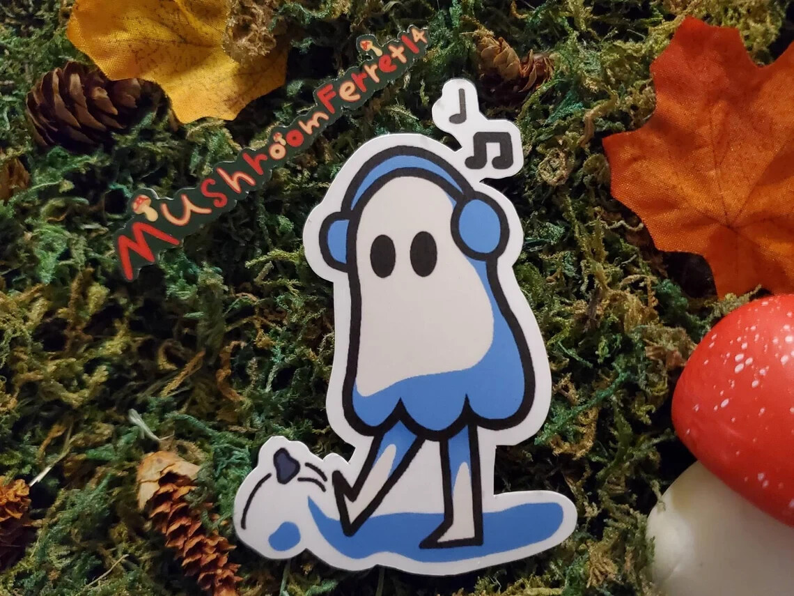 Handmade cute "Vibing Ghost" die cut sticker. See description!