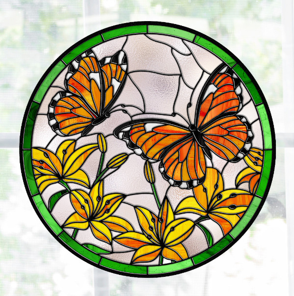 Monarch Butterflies Faux Stained-Glass WINDOW CLING Size 8" Round Vinyl