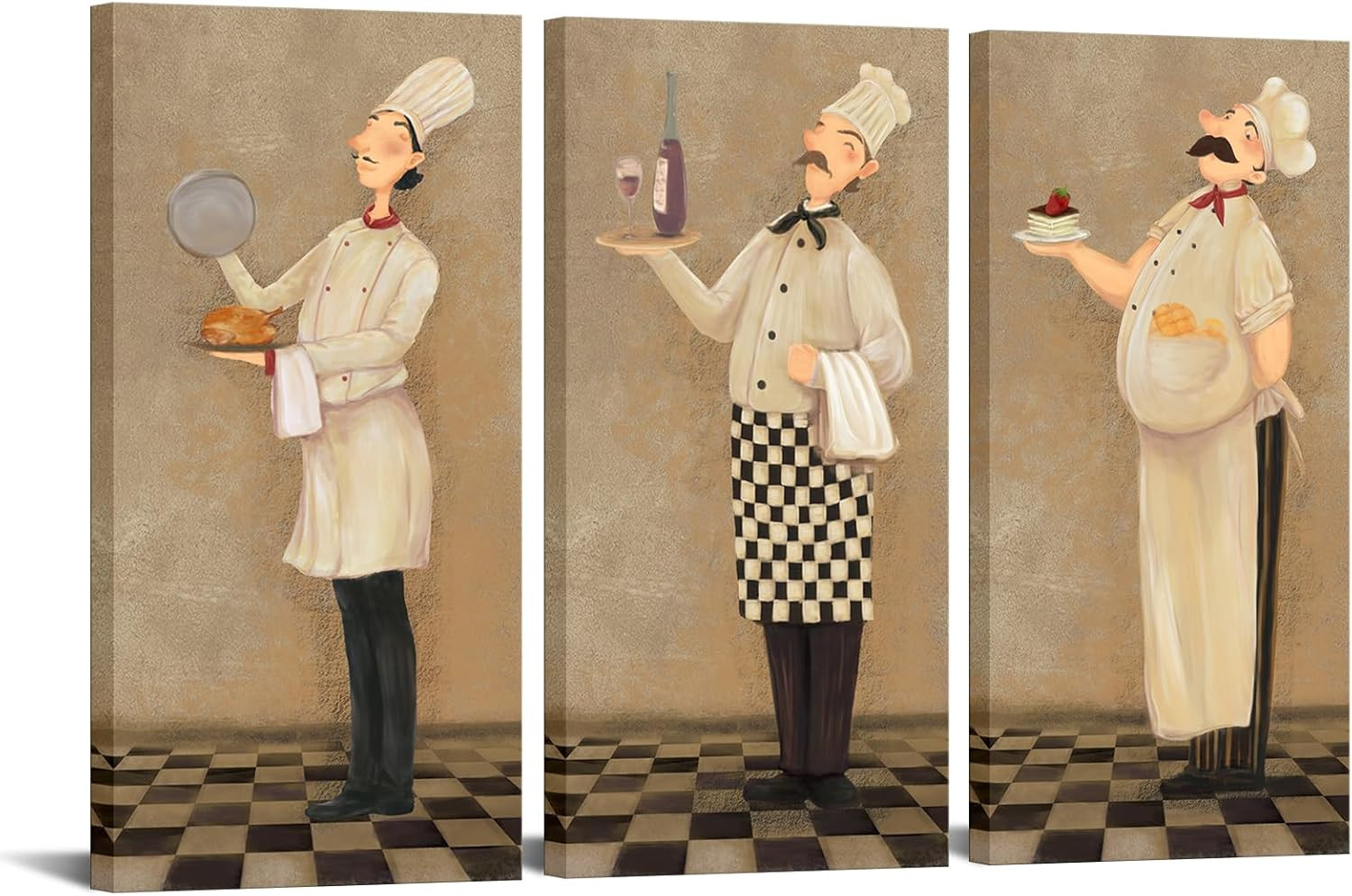 Funny French Chef Vintage Wall Art Set for Kitchen & Dining Room Decor 3Pcs