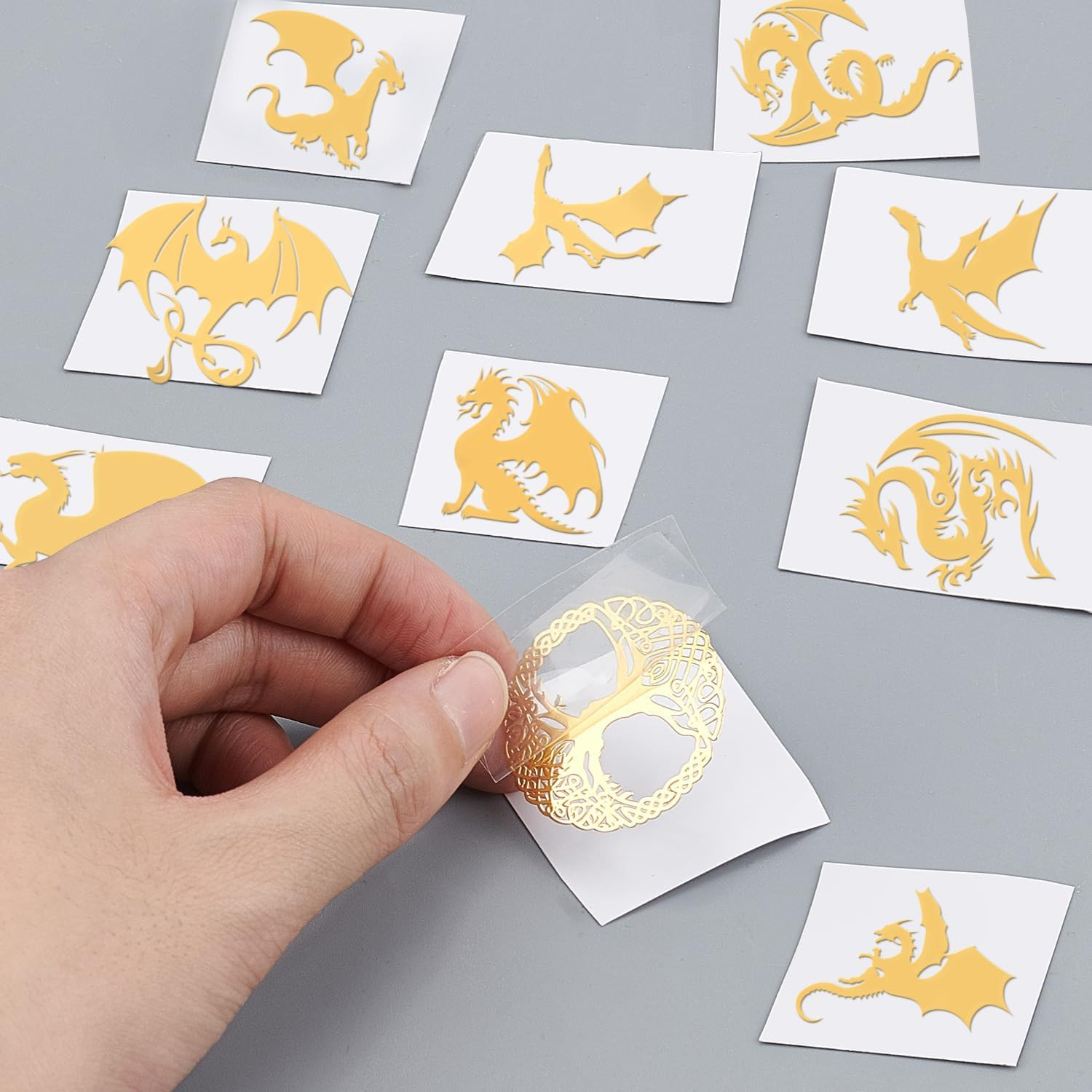 9 Pcs 1.6X1.6 Inch Dragon Pattern Stickers Self Adhesive Metal Stickers Golden S